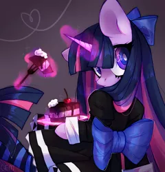 Size: 1438x1499 | Tagged: safe, artist:angrygem, derpibooru import, twilight sparkle, pony, unicorn, anarchy stocking, blue mane, blue tail, cake, cherry, clothes, cosplay, costume, dress, eyelashes, female, food, fork, goth, horn, levitation, long mane, long tail, looking away, magic, mare, multicolored mane, multicolored tail, panty and stocking with garterbelt, pink mane, pink tail, plate, purple mane, purple tail, ribbon, solo, stockings, tail, telekinesis, thigh highs, unicorn twilight