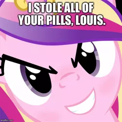 Size: 500x500 | Tagged: derpibooru import, disguise, disguised changeling, evil grin, grin, hi anon, image macro, left 4 dead, louis, meme, pills, princess cadance, pure unfiltered evil, queen chrysalis, safe, smiling, we are doomed