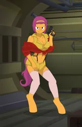 Size: 6580x10169 | Tagged: absurd resolution, anthro, artist:toxic-mario, breasts, clothes, cosplay, cowboy bebop, crossover, derpibooru import, faye valentine, female, gun, handgun, leg warmers, midriff, pinup, pipe (plumbing), pistol, scootaloo, sexy, solo, solo female, suggestive, tail, unguligrade anthro, weapon