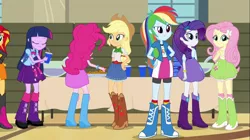 Size: 1100x618 | Tagged: safe, derpibooru import, screencap, applejack, fluttershy, pinkie pie, rainbow dash, rarity, sunset shimmer, twilight sparkle, equestria girls, rainbow rocks, backpack, boots, bowtie, bracelet, clothes, cookie, cowboy boots, eyes closed, hand on hip, high heel boots, humane five, humane seven, humane six, jewelry, mane six, plate, punch (drink), punch bowl, rear view, skirt, table, tanktop, wristband