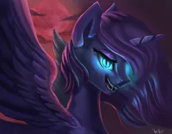 Size: 5096x4000 | Tagged: safe, artist:vell221, derpibooru import, princess luna, alicorn, pony, absurd resolution, blood moon, fangs, female, flying, glowing eyes, grin, mare, moon, slit eyes, smiling