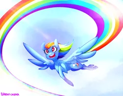 Size: 1915x1492 | Tagged: safe, artist:polkadot-creeper, derpibooru import, rainbow dash, pegasus, pony, backwards cutie mark, cute, dashabetes, flying, happy, open mouth, rainbow trail, signature, smiling, solo, speed trail, spread wings, trail, wings