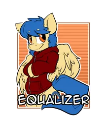 Size: 2100x2400 | Tagged: safe, artist:bbsartboutique, derpibooru import, oc, oc:equalizer, unofficial characters only, pegasus, pony, badge, clothes, con badge, hoodie, male, solo, stallion