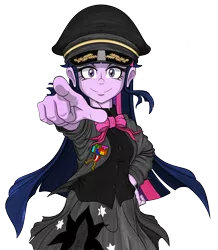 Size: 942x1079 | Tagged: safe, artist:pedantczepialski, derpibooru import, twilight sparkle, equestria girls, alternate costumes, alternate universe, badge, clothes, equestria girls: the parody series, hat, military, peaked cap, pointing, smiling, smirk, uniform, updated design