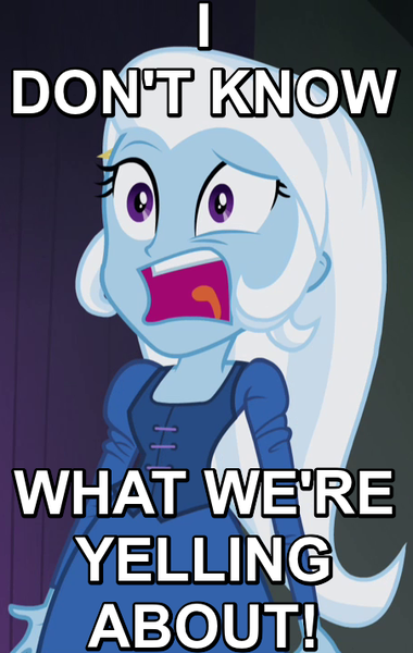 Size: 452x714 | Tagged: safe, derpibooru import, edit, edited screencap, screencap, trixie, equestria girls, rainbow rocks, anchorman, angry, cropped, fall formal outfits, image macro, loud noises, meme, open mouth, screaming, solo, trixie yells at everything, yelling