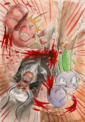 Size: 2438x3485 | Tagged: artist:souleatersaku90, blood, derpibooru import, dragon, fight, garble, gritted teeth, lord tirek, semi-grimdark, shoryuken, spike, traditional art, winged spike