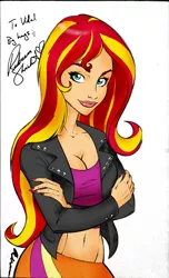 Size: 1531x2521 | Tagged: safe, artist:caakes, artist:nicole gauss, derpibooru import, sunset shimmer, equestria girls, autograph, belly, belly button, breasts, cleavage, clothes, colored, female, jacket, leather jacket, looking at you, midriff, rebecca shoichet, sketch