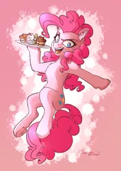 Size: 1725x2431 | Tagged: safe, artist:lavendersweet69, derpibooru import, pinkie pie, pony, cupcake, food, hoof hold, solo, tray