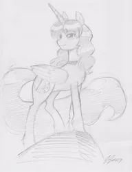 Size: 783x1020 | Tagged: safe, artist:johnjoseco, derpibooru import, oc, oc:moonbrush, unofficial characters only, alicorn, pony, alicorn oc, female, grayscale, mare, monochrome, sketch, smiling, solo, traditional art