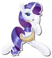 Size: 5358x5975 | Tagged: suggestive, artist:rainbownspeedash, derpibooru import, rarity, pony, unicorn, absurd resolution, backless, butt, clothes, colored pupils, female, looking at you, mare, open-back sweater, plot, simple background, sleeveless sweater, solo, solo female, sweater, underhoof, vector, virgin killer sweater, wingding eyes