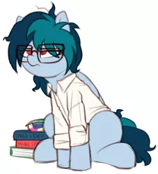 Size: 1066x1176 | Tagged: safe, artist:shinodage, derpibooru import, oc, oc:delta vee, unofficial characters only, pegasus, pony, book, clothes, cute, female, glasses, mare, sitting, solo, tinyface, unamused, young