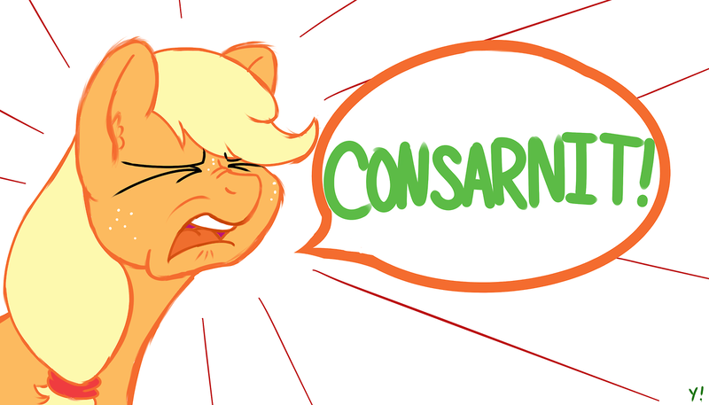 Size: 1280x731 | Tagged: applejack, artist:yakoshi, derpibooru import, dialogue, eyes closed, safe, solo, speech bubble, yelling