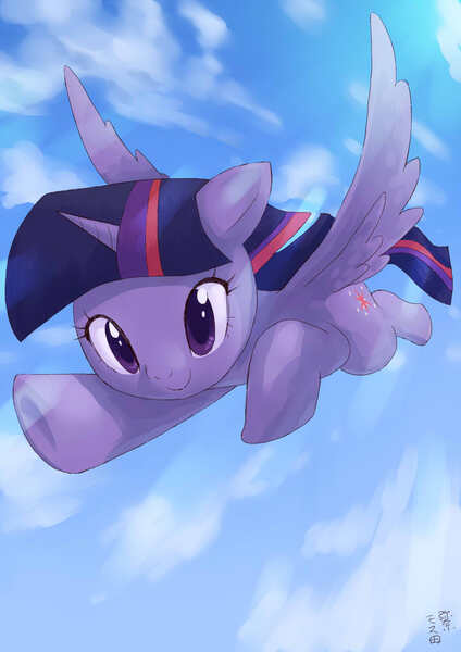 Size: 1000x1414 | Tagged: safe, artist:yanamosuda, derpibooru import, twilight sparkle, twilight sparkle (alicorn), alicorn, pony, cute, female, floppy ears, flying, mare, sky, solo, spread wings, twiabetes, underhoof, windswept mane, wings