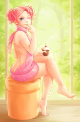 Size: 1050x1600 | Tagged: artist:ninjaham, ass, backless, barefoot, blushing, buttcrack, clothes, crossed legs, cupcake, derpibooru import, dimples of venus, feet, female, food, human, humanized, looking at you, one eye closed, open-back sweater, pinkie pie, raised leg, sitting, sleeveless sweater, smiling, solo, solo female, suggestive, sweater, virgin killer sweater, wink