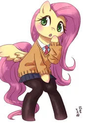 Size: 1000x1412 | Tagged: safe, artist:yanamosuda, derpibooru import, fluttershy, pegasus, pony, anime, bipedal, blushing, clothes, cute, female, mare, pantyhose, shyabetes, simple background, skirt, solo, sweater, sweatershy, white background