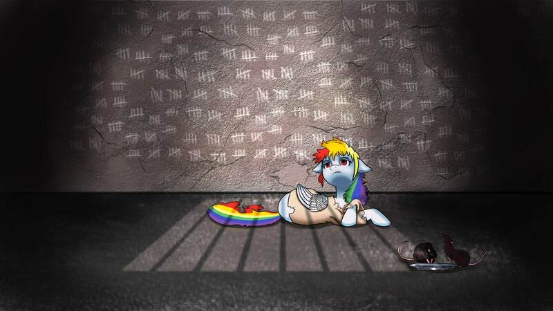 Size: 4800x2700 | Tagged: safe, artist:vtruss1, derpibooru import, rainbow dash, mouse, pony, rat, the count of monte rainbow, absurd resolution, clothes, crossover, everyday a little death, floppy ears, jail, prison, rainbow dantes, solo, tally marks, the count of monte cristo, torn clothes