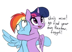 Size: 1280x931 | Tagged: safe, artist:elzzombie, derpibooru import, rainbow dash, twilight sparkle, twilight sparkle (alicorn), alicorn, pegasus, pony, choking, dialogue, duo, female, hug, image, irony, jpeg, lesbian, mare, neck hug, open mouth, shipping, simple background, twidash, vulgar, white background