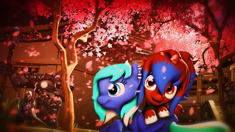 Size: 1920x1080 | Tagged: safe, artist:star-lightstarbright, derpibooru import, oc, oc:heart sketch, oc:starlight starbright, unofficial characters only, pegasus, pony, unicorn, 3d, cherry blossoms, crossover, female, flower, flower blossom, mare, tree