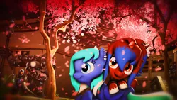 Size: 1920x1080 | Tagged: safe, artist:star-lightstarbright, derpibooru import, oc, oc:heart sketch, oc:starlight starbright, unofficial characters only, pegasus, pony, unicorn, 3d, cherry blossoms, crossover, female, flower, flower blossom, mare, tree