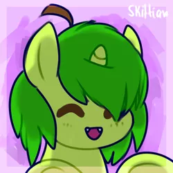 Size: 1600x1600 | Tagged: safe, artist:sugguk, derpibooru import, ponified, pony, unicorn, :d, biting pear of salamanca, bust, cute, eyes closed, fangs, leaning, open mouth, smiling, solo, underhoof