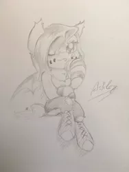 Size: 1024x1365 | Tagged: safe, artist:adetuddymax, derpibooru import, oc, oc:ashley, unofficial characters only, bat pony, pony, clothes, female, request, requested art, solo, traditional art
