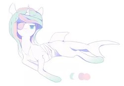 Size: 2414x1682 | Tagged: safe, artist:sorasku, derpibooru import, oc, oc:pastel reef, unofficial characters only, original species, pony, shark pony, bandage, eyepatch, female, mare, prone, solo