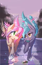 Size: 770x1190 | Tagged: safe, artist:kawaiipony2, derpibooru import, oc, oc:sonar, oc:sweet skies, unofficial characters only, bat pony, pegasus, pony, braid, cloud, commission, cute, fangs, female, looking at each other, mare, one eye closed, open mouth, pigtails, raised hoof, sky, smiling, splash, water, wink