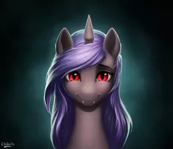 Size: 1600x1378 | Tagged: safe, artist:l1nkoln, derpibooru import, oc, oc:nightdancer, unofficial characters only, bat pony, bat pony unicorn, hybrid, pony, unicorn, commission, fangs, female, gradient background, looking at you, mare, red eyes, signature, slit eyes, smiling, solo