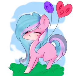 Size: 1602x1646 | Tagged: safe, artist:windymils, derpibooru import, oc, oc:melody amity, unofficial characters only, earth pony, pony, balloon, chibi, eyes closed, female, mare, solo