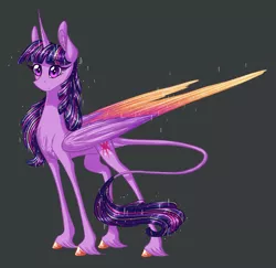 Size: 1500x1456 | Tagged: safe, artist:australian-senior, derpibooru import, twilight sparkle, twilight sparkle (alicorn), alicorn, classical unicorn, pony, kirindos, alternate universe, cloven hooves, colored hooves, colored wings, colored wingtips, goddess, gray background, leonine tail, simple background, solo, unshorn fetlocks