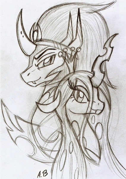 Size: 1119x1583 | Tagged: antagonist, artist:rossmaniteanzu, chrysombra, derpibooru import, female, king sombra, male, monochrome, queen chrysalis, safe, shipping, sketch, straight, traditional art