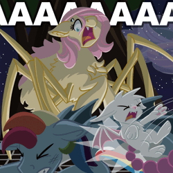Size: 800x800 | Tagged: safe, artist:couchcrusader, deleted from derpibooru, derpibooru import, angel bunny, fluttershy, rainbow dash, manticore, original species, comic:children of everfree, alternate universe, animated, gif, open mouth, screaming, sirendash, species swap, spidershy, tongue out