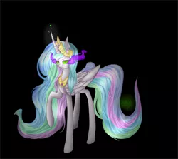 Size: 2350x2100 | Tagged: safe, artist:inoty-dzihicko, derpibooru import, princess celestia, alicorn, pony, black background, crown, dark magic, darklestia, jewelry, looking at you, magic, raised hoof, regalia, simple background, solo, sombra eyes