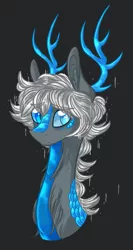 Size: 799x1500 | Tagged: safe, artist:australian-senior, derpibooru import, alicorn, kirin, kirindos, alternate universe, antlers, blind, blue eyes, bust, colored sclera, crossover, gray background, image, png, portal, portal (valve), portal 2, scales, simple background, solo, wheatley