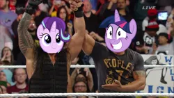 Size: 2160x1215 | Tagged: safe, derpibooru import, starlight glimmer, twilight sparkle, bad cropping, c:, drama, faic, grin, nervous, roman reigns, royal rumble, smiling, squee, starlight drama, the rock, wat, wide eyes, wwe