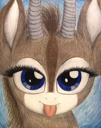 Size: 1080x1364 | Tagged: safe, artist:thefriendlyelephant, derpibooru import, oc, oc:uganda, unofficial characters only, antelope, giant sable antelope, animal in mlp form, bust, close-up, cute, horns, lidded eyes, looking at you, solo, tongue out, traditional art