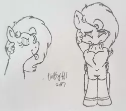 Size: 1775x1570 | Tagged: safe, artist:binkyt11, derpibooru import, oc, oc:duck badge, ponified, unofficial characters only, pony, derpibooru, chest fluff, clothes, derpibooru ponified, eyes closed, eyeshadow, makeup, meta, monochrome, sneezing, socks, solo, tongue out, traditional art