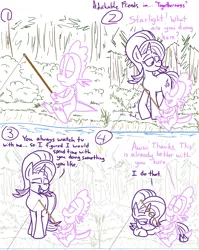 Size: 1280x1611 | Tagged: safe, artist:adorkabletwilightandfriends, derpibooru import, spike, starlight glimmer, dragon, pony, comic:adorkable twilight and friends, adorkable friends, comic, fishing, fishing rod, forest, holding tails, lineart, slice of life, tail