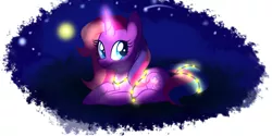 Size: 1280x640 | Tagged: dead source, safe, artist:wubcakeva, derpibooru import, lily lightly, pony, unicorn, blue eyes, cute, female, full moon, g3, glowing horn, lights, lily cutely, looking back, mare, moon, night, prone, shooting star, smiling, solo, stars