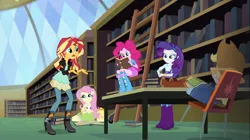 Size: 1100x618 | Tagged: safe, derpibooru import, applejack, fluttershy, pinkie pie, rainbow dash, rarity, sunset shimmer, equestria girls, friendship games, backpack, bedroom eyes, book, boots, bracelet, chair, clothes, cowboy boots, cowboy hat, denim skirt, hands behind back, hat, high heel boots, humane five, jacket, jewelry, ladder, leather jacket, library, mane five, rear view, skirt, stetson, table