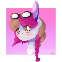 Size: 1000x1000 | Tagged: safe, artist:cinnamonsparx, derpibooru import, oc, oc:hard candy, unofficial characters only, earth pony, pony, braid, bust, female, goggles, mare, portrait, solo