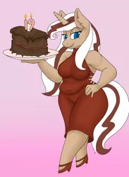 Size: 1024x1400 | Tagged: suggestive, artist:stubbornstallion, derpibooru import, oc, oc:hot fudge, unofficial characters only, anthro, unicorn, anatomically incorrect, anthro oc, bbw, blue, breasts, cake, candle, chubby, clothes, dress, fat, female, food, gift art, hand on hip, happy birthday, high heels, incorrect leg anatomy, mare, plump, smiling, solo, solo female