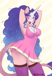 Size: 1961x2810 | Tagged: suggestive, artist:askbubblelee, derpibooru import, oc, oc:lollipop, unofficial characters only, anthro, classical unicorn, unicorn, anthro oc, arm behind head, armpits, ass, big breasts, breasts, chest fluff, cleavage, clothes, crossover, dress, female, freckles, gradient mane, leonine tail, long tail, mare, me!me!me!, open mouth, smiling, solo, solo female, stockings, thigh highs