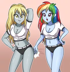 Size: 3399x3483 | Tagged: suggestive, artist:sumin6301, derpibooru import, derpy hooves, rainbow dash, equestria girls, belly button, big breasts, breasts, busty derpy hooves, busty rainbow dash, cleavage, clothes, derpydash, duo, duo female, female, females only, lesbian, looking at you, loose hair, midriff, multicolored hair, shipping, short shirt, shorts, simple background, slap, smiling