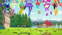 Size: 1100x618 | Tagged: safe, derpibooru import, screencap, applejack, fluttershy, pinkie pie, rainbow dash, rarity, sci-twi, spike, sunset shimmer, twilight sparkle, equestria girls, legend of everfree, balloon, boots, chains, clothes, crystal wings, gloves, high heel boots, humane five, humane seven, humane six, jewelry, legs, legs in air, mane seven, mane six, mountain, ponied up, ponytail, raised leg, rock climbing, sailboat, shoes, sneakers, sun, super ponied up, tree, wings