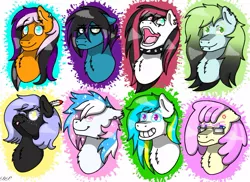 Size: 835x607 | Tagged: safe, artist:doodlepoodle812, derpibooru import, oc, oc:cloudy night, oc:despy, oc:emala jiss, oc:emmy, oc:lightning dancer, oc:starbit, oc:sunrise, oc:vanilla swirl, unofficial characters only, pony, :3, :o, angry, bust, chest fluff, choker, collar, colored eyebrows, colored eyelashes, depressed, ear fluff, ear piercing, feather, female, freckles, gift art, glasses, group, heterochromia, long muzzle, looking at you, looking up, male, mouth piercings, no pupils, one eye closed, open mouth, piercing, sad, simple background, smiling, spiked choker, teeth, white background, wink
