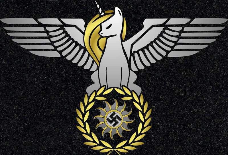 Size: 4406x2996 | Tagged: safe, derpibooru import, edit, alicorn, pony, /mlpol/, 4chan, absurd resolution, female, mare, monochrome, nazi, reichsadler, reichsalicorn, simple background, spread wings, swastika, wings