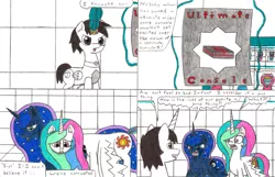 Size: 3395x2184 | Tagged: safe, artist:eternaljonathan, derpibooru import, princess celestia, princess luna, oc, oc:nemo, pony, comic:a new twist, chubby, comic, fat, guardian, horn ring, poster, royal sisters, science fiction, traditional art, video game