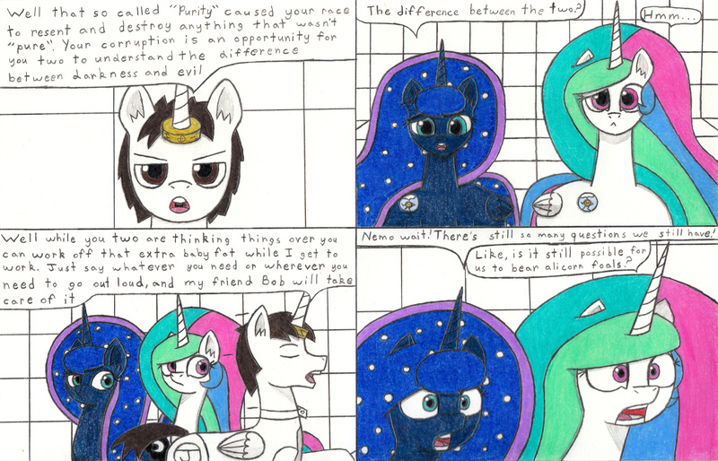 Size: 3394x2180 | Tagged: safe, artist:eternaljonathan, derpibooru import, princess celestia, princess luna, oc, oc:nemo, pony, comic:a new twist, badge, chubby, comic, fat, guardian, horn ring, royal sisters, science fiction, traditional art