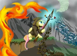 Size: 1280x931 | Tagged: safe, artist:lord-destrustor, derpibooru import, part of a set, fluttershy, pony, air, cloak, clothes, earth, elements, fire, folded wings, hooded cape, hoof hold, looking at something, mountain, sitting, solo, staff, ten legendary weapons, water, yggdrasil